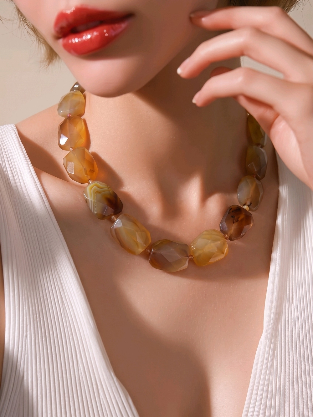 Agate Faceted Bead Necklace  Sterling Silver